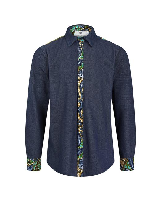 Ohema Ohene Blue Denim & African Print Cotton Shirt- Floral for men