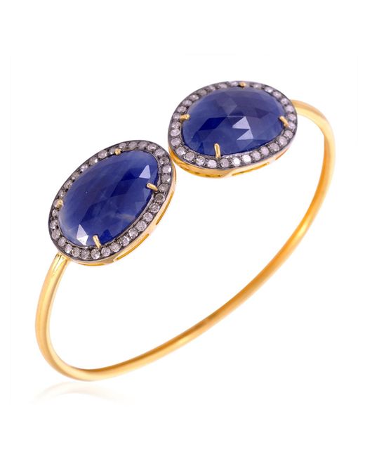 Artisan Blue Sapphire Diamond 18k Yellow Gold 925 Sterling Silver Cuff Bangle Jewelry