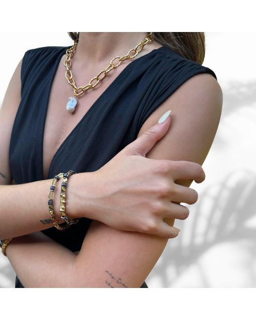 Ebru Jewelry Metallic Majestic Pearl Stone Pendant Link Chain Necklace