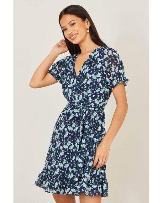 Yumi' Blue Floral Skater Wrap Dress