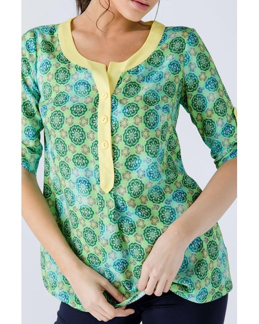Conquista Green Print Poplin Top With Trim