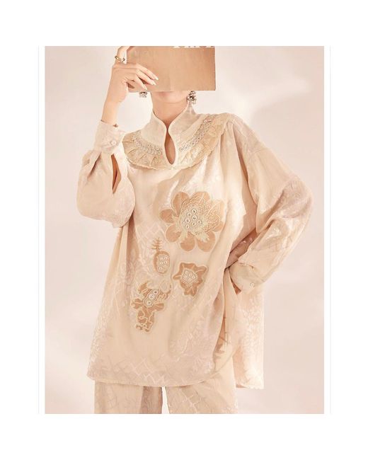 Wjy Studio London Natural Neutrals Embroidered Detail Floral Tunic