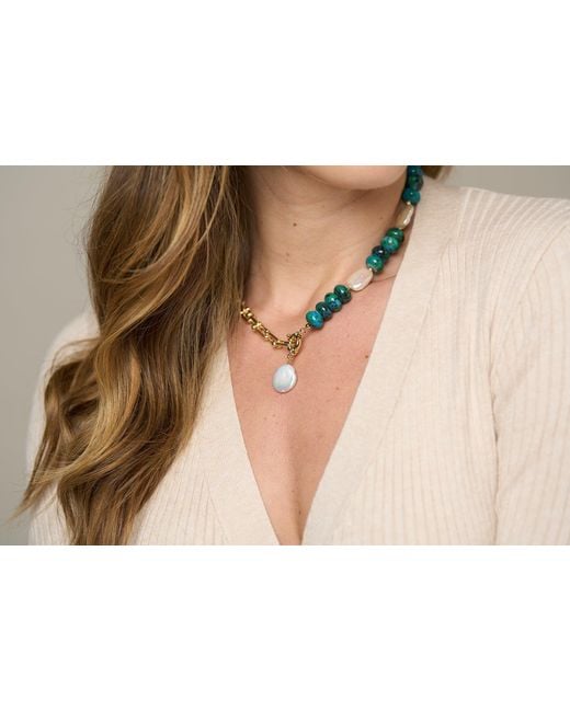 Pearls of the Orient Online Metallic Clara Chunky Fill Chain & Azurite Necklace With Cultured Freshwater Pearl Drop