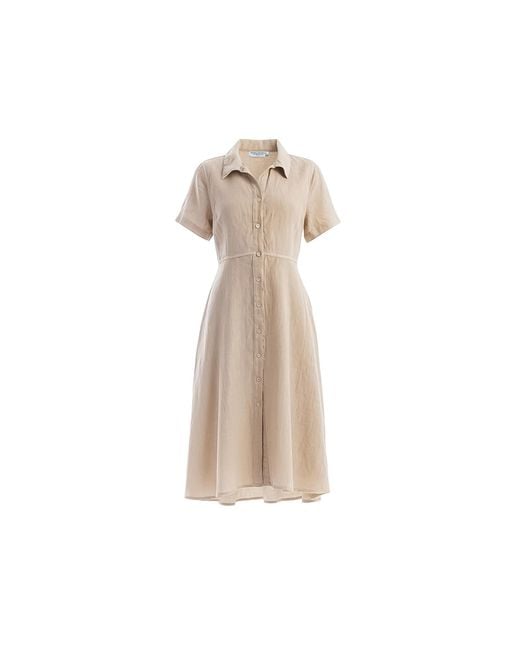Haris Cotton Natural Neutrals Midi Linen Short Sleeve Button Front Shirt-Dress