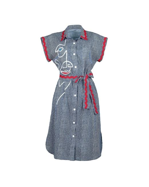 Lalipop Design Blue Pinstripe Cotton Shirtdress With Face Embroidery