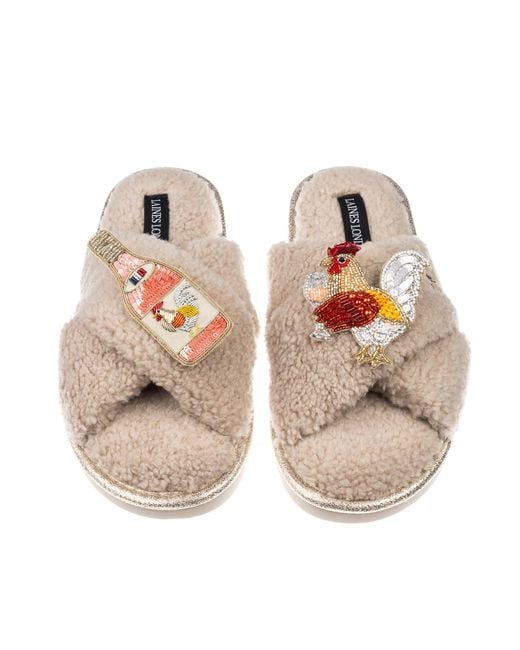 Laines London Natural Neutrals Laines Neutral Boucle Slippers With Chicken Wine Brooches