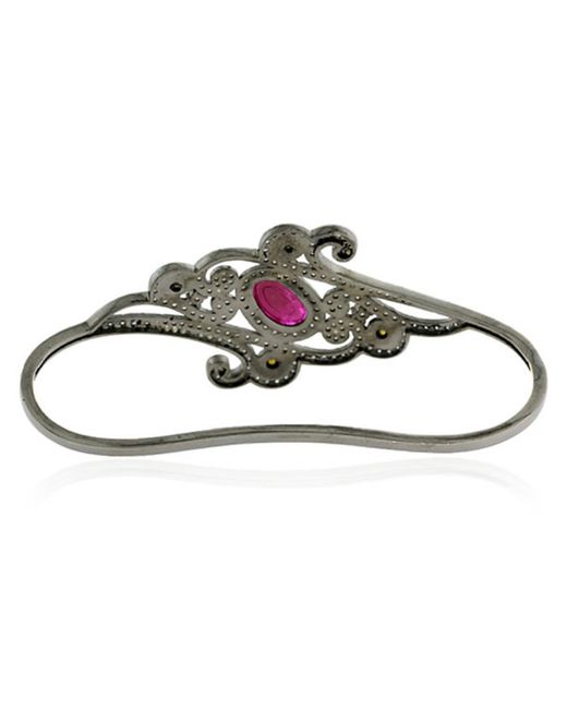 Artisan Multicolor Oval Cut Ruby & Pave Diamond In 18k Gold With Silver Beautiful Palm Bracelet