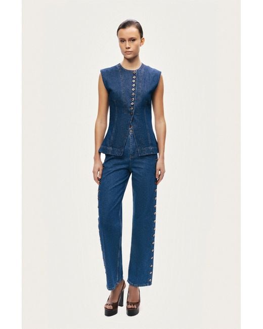 Nocturne Blue Eyelet Detail Wide-Leg Denim Pants