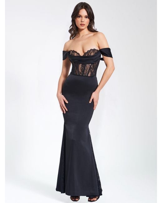 Miss Circle New York Black Callista Satin Lace Corset Maxi Dress