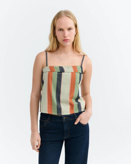 Thinking Mu White Raida Striped Printed Top