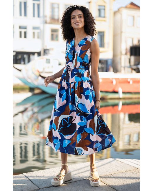 Yumi' Blue Cotton Floral Abstract Dropped Waist Midi Dress