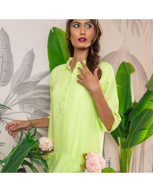 NoLoGo-chic Green Up Town Linen Shirt Dress