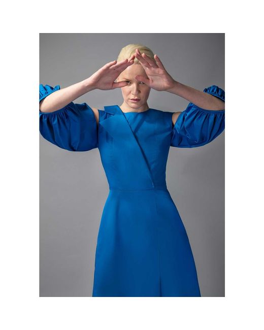 Femponiq Blue Asymmetric Lapel A-Line Cotton Dress