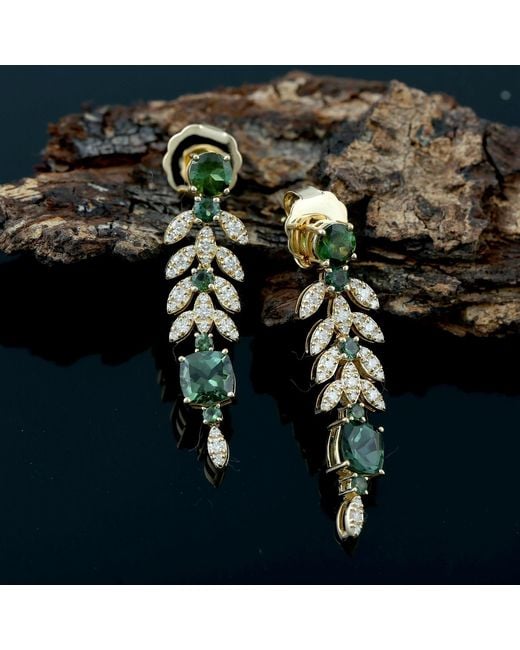 Artisan Green Tourmaline & Diamond In 18k Yellow Gold Leaf Design Dangle Earrings Jewelry