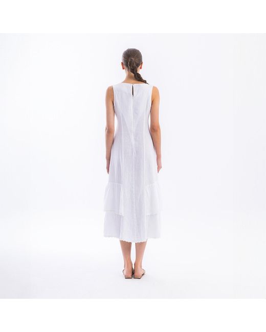 Haris Cotton White Linen Maxi Sleeveless Dress With Lace Trim Details And Ruffles