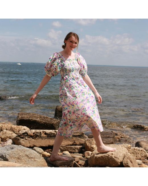 Jessie Zhao New York Blue Garden Smocked Cotton Silk Dress