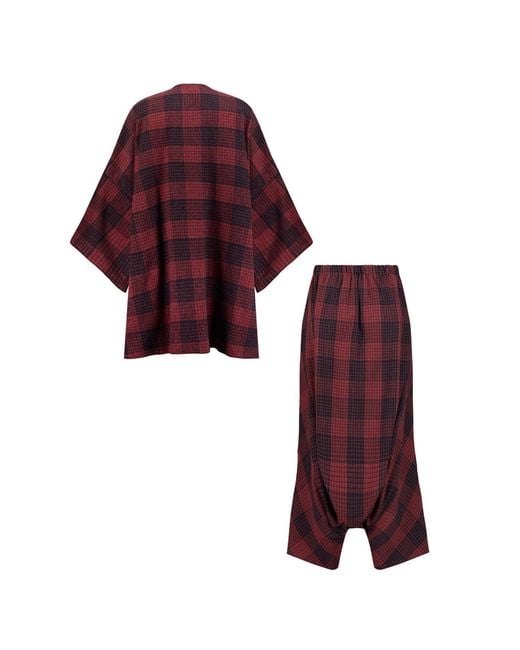 Emanmoon Red Burgundy Plaid Cardigan And Pants Set