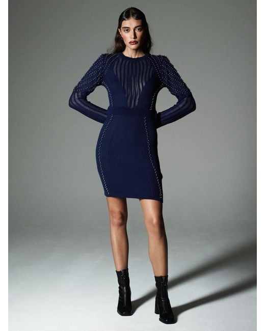 Sour Figs Blue Studded Sheer Knit Mini Jumper Dress