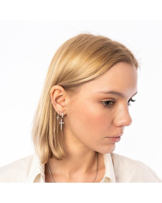 Spero London Metallic Full Pave Cross Sterling Drop Hoop Earring
