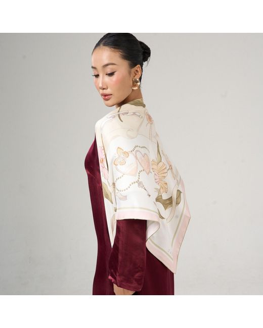 Silk and Bears Metallic Neutrals Illustrated Floral Twill Silk Scarf With Hand-Rolled Edges – Ivory for men