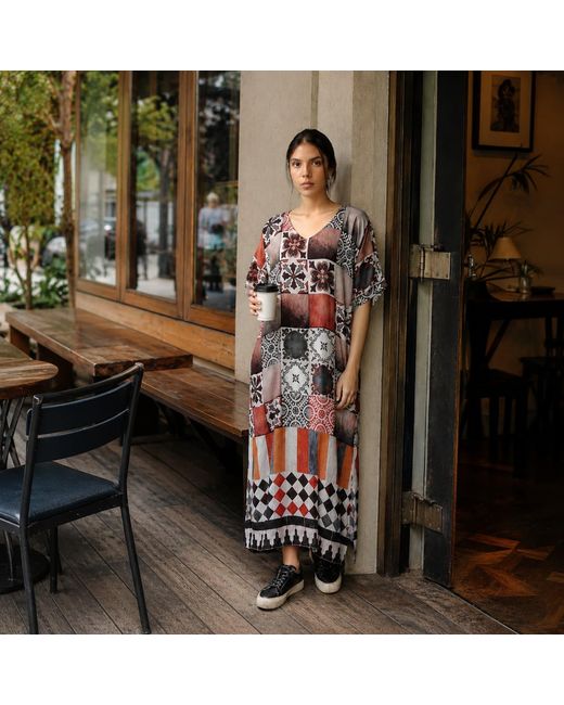 DHARA SHETH DUBAI Brown Celestial Tesserae Mosaic Print Long Cotton Kaftan Dress