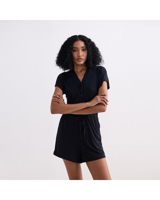 REISTOR Black V Neck Drawstring Knit Romper