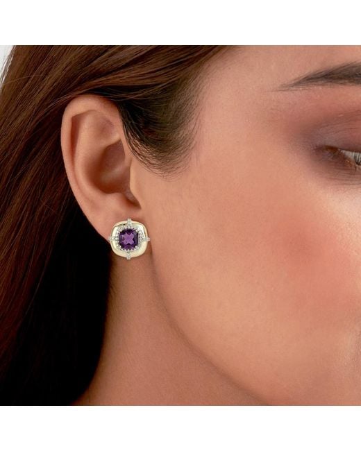 Artisan Purple Cushion Cut Amethyst And Diamond Stud Earrings
