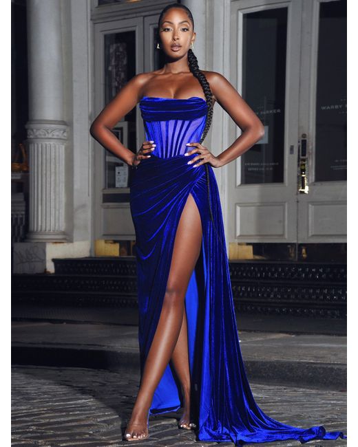 Miss Circle New York Blue Priya Royal Draping Corset High Slit Velvet Gown