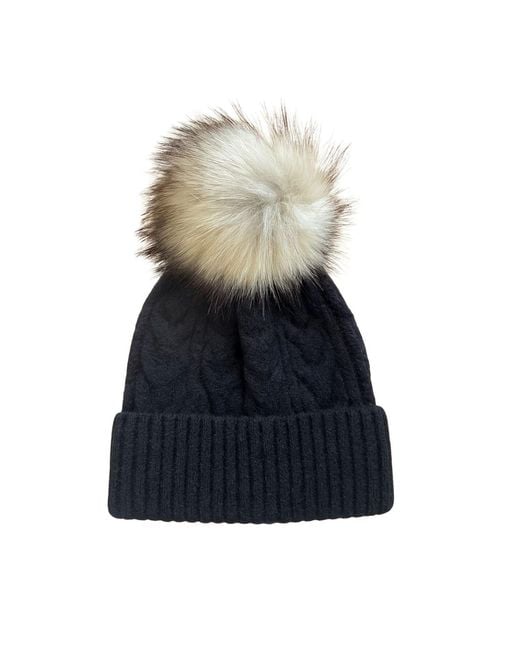 Hortons England Blue Celtic Knit Wool Beanie Faux Fur Pom Pom
