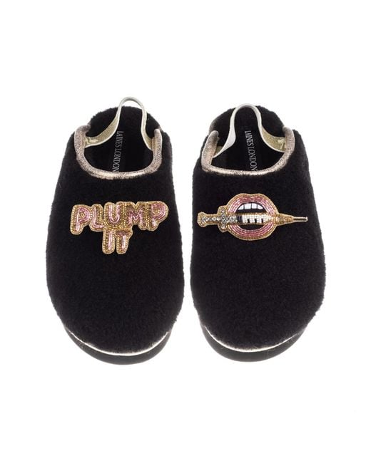 Laines London Black Flatform Cloud Closed Toe Slippers With Plump It Brooches