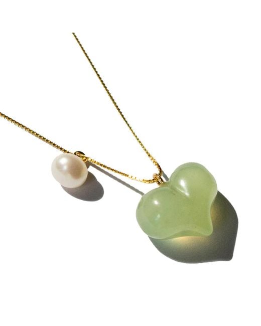 seree Metallic Puffed Heart Jade & Pearl Pendant Necklace