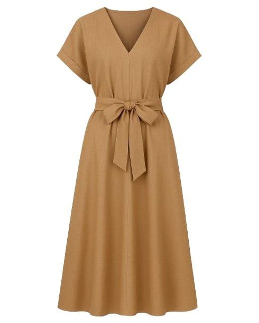 Conquista Natural Linen Style Belted Midi Dress