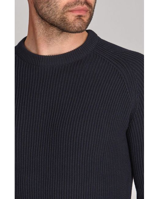 Paul James Knitwear Blue Midweight Cotton Logan Ribbed Crew Neck Jumper for men
