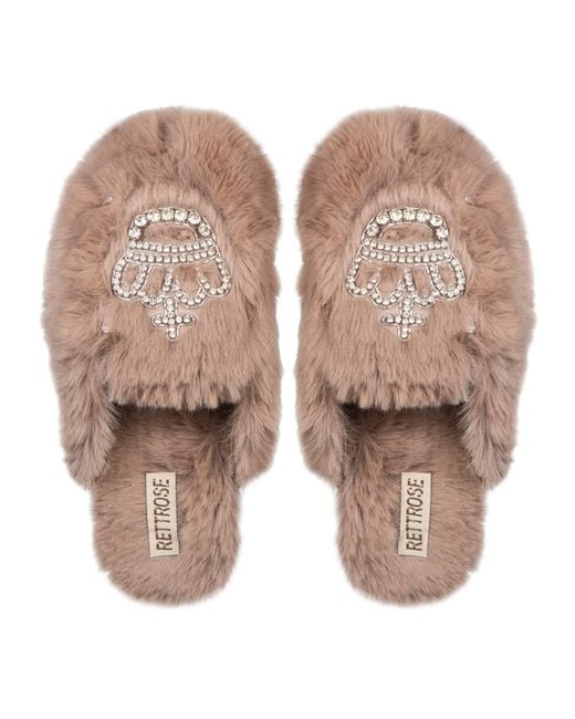 Rettrose Natural Neutrals Finley Mink Luxury Plush Diamanté Embellished Handmade Slipper