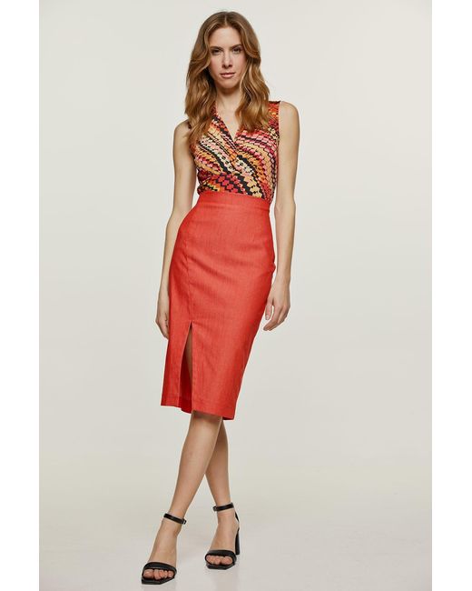 Conquista Red Denim Style Pencil Skirt