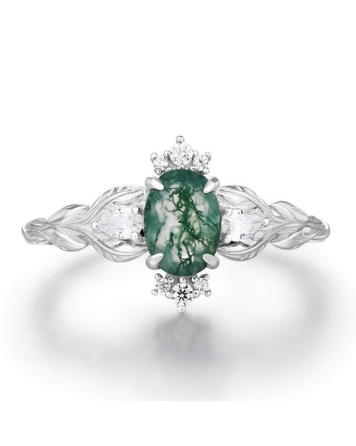 Azura Jewelry New York Green Leaf Moss Agate Ring Vermeil