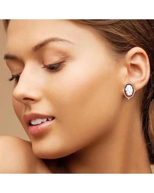 Artisan Brown Rose Shall Cameo Diamond Halo Stud Earrings