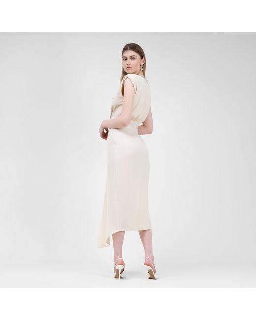 BLUZAT Natural Neutrals Ivory Midi Dress With Draping And Pleats