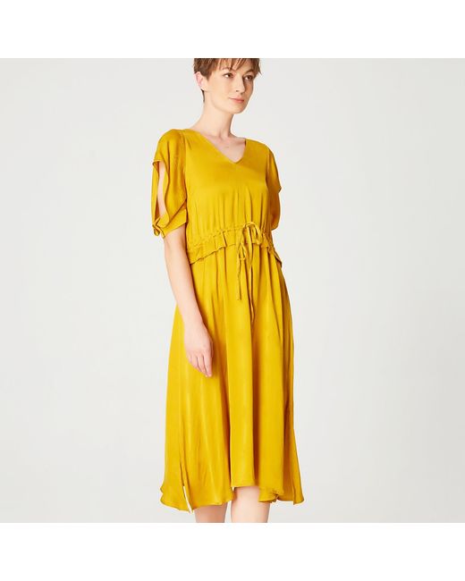 Smart and Joy Yellow V-Neckline Midi Dress With Drawstring Belt