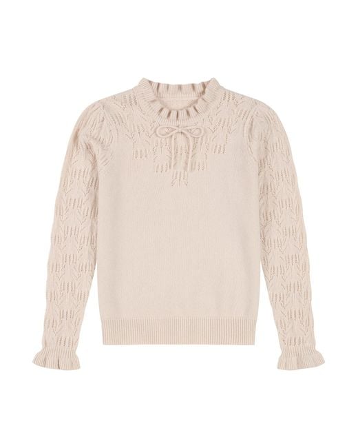 Loop Cashmere White Neutrals Tie Neck Pointelle Sweater