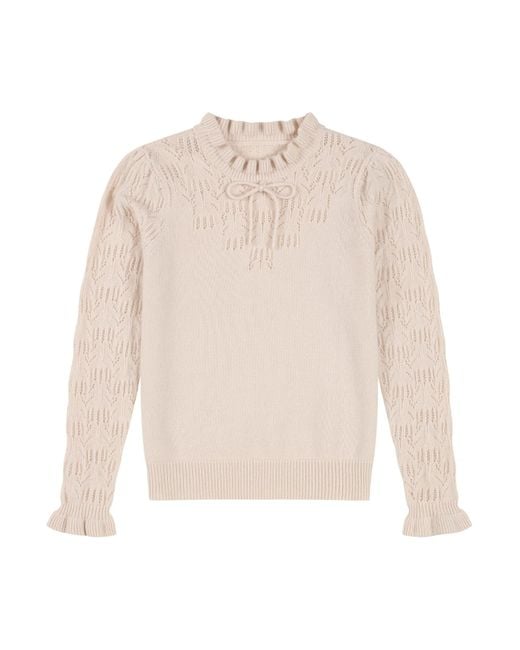 Loop Cashmere White Neutrals Tie Neck Pointelle Sweater