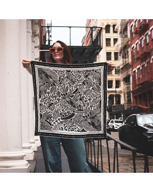 Jessie Zhao New York Black Double Sided Silk Scarf Of Garden