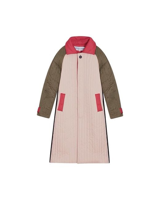 London Atelier Byproduct Pink Neutrals Khaki Patchwork Color Block Quilted Long Jacket