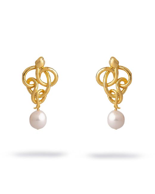 Ebru Jewelry Metallic Golden Medusa Pearl Statement Earrings