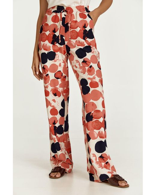 Conquista Red Apricot Print Linen Style Wide Leg Pants