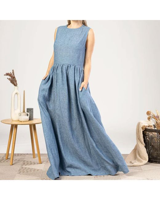 Nikka Place Blue Linen Floor-Length Sleeveless Maternity Dress With Pockets