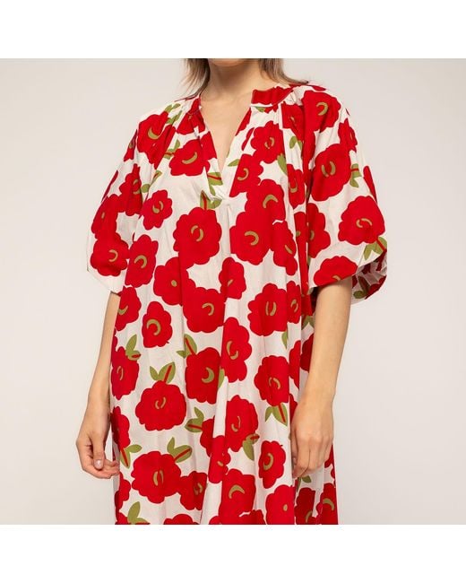 Tantra Spain Sl Red Short Floral-Print Dress With Puff Sleeves And A V-Neck