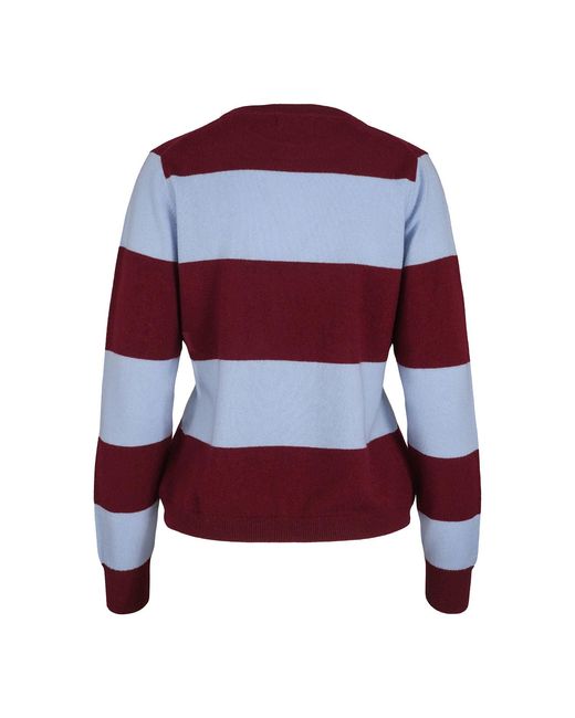 tirillm Red Sasha Basic Cashmere Pullover With Round Neck, Deep Burgundy With Light Stripes