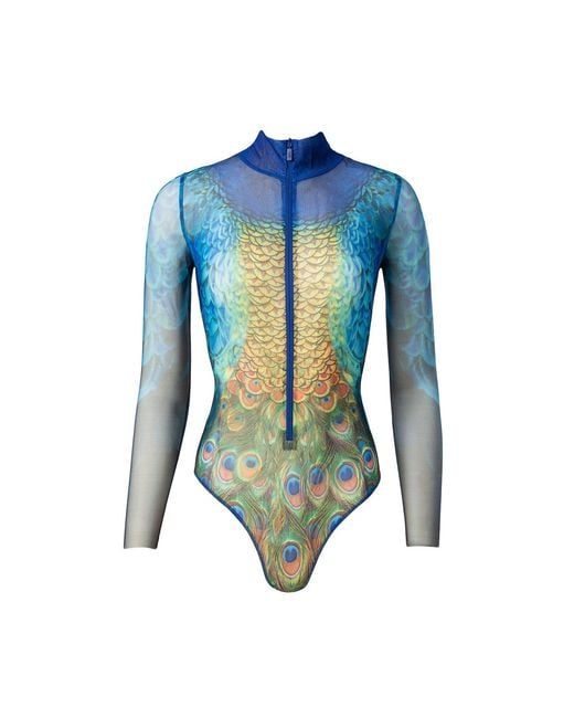 Rodasoleil Smart Swimwear Blue Tan-Through Mesh One-Piece Zipper Swimsuit With Sleeves Peacock Mayura