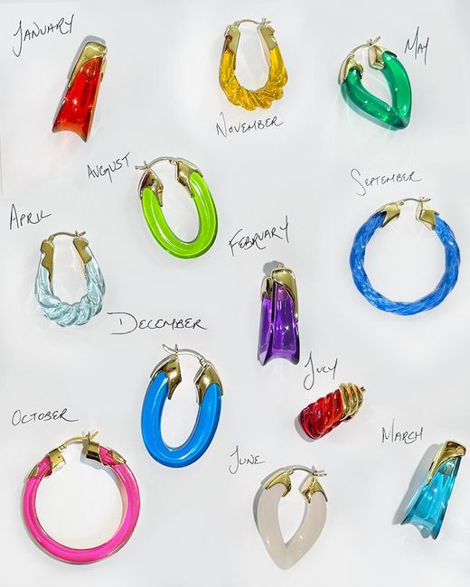 Gold & Honey Green Emerald Rope Shrimp Lucite Birthstone Hoop Earrings